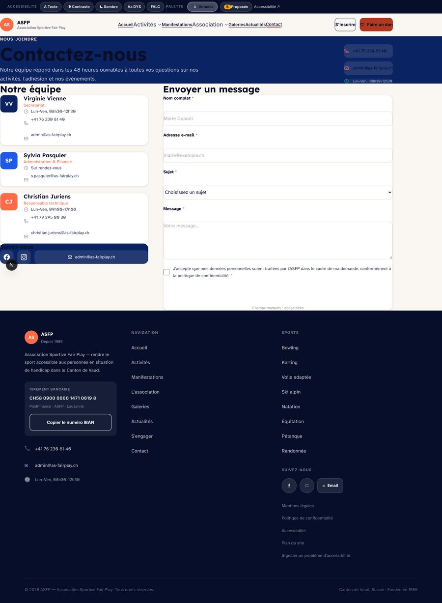 Page de contact de l'ASFP avec formulaire et informations
