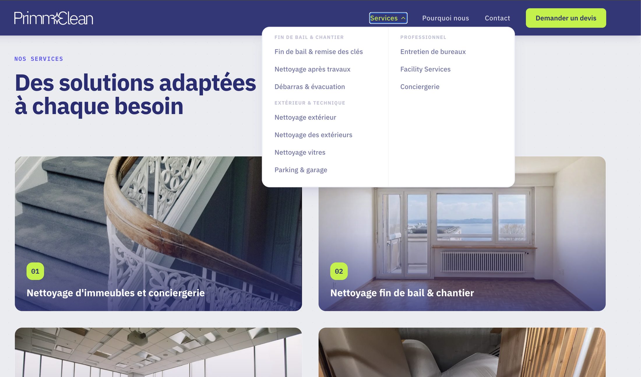 Menu déroulant des services du site PrimmoClean